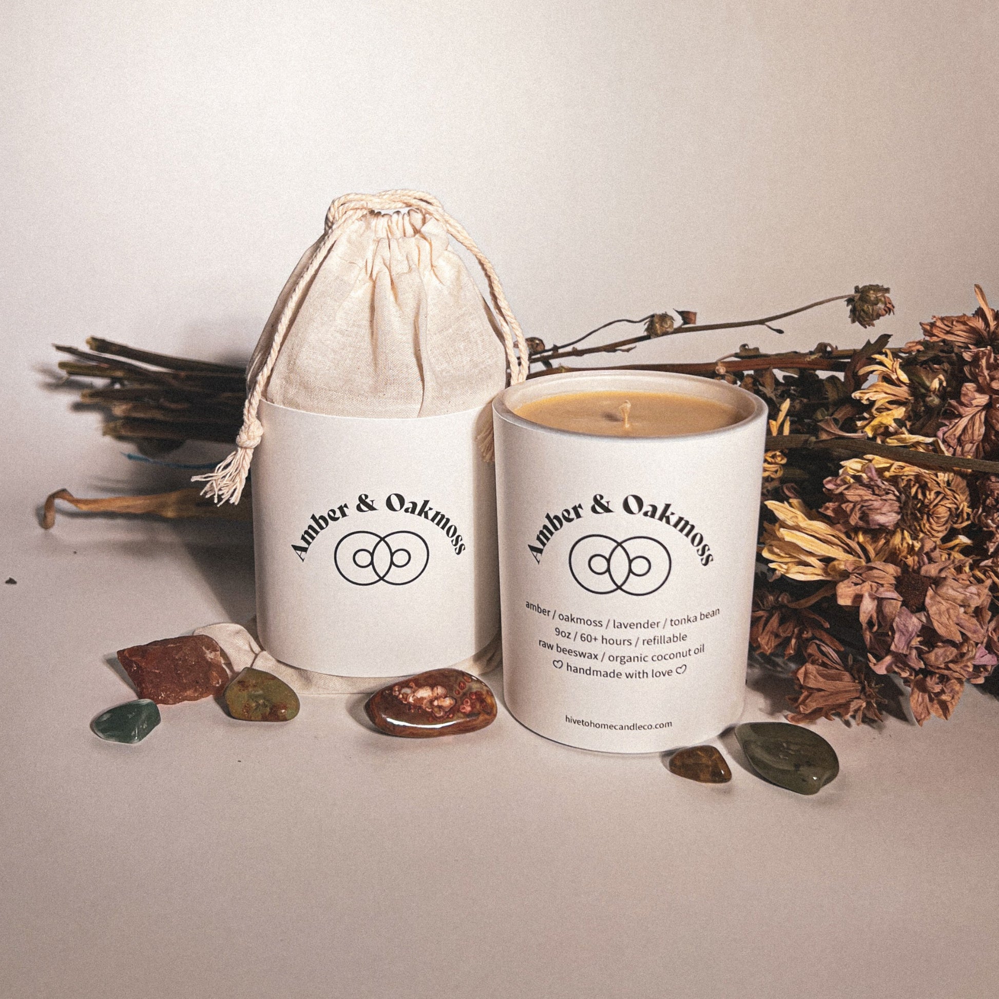 Beeswax Scented Candle and candle outer packaging. Dried flower decor.