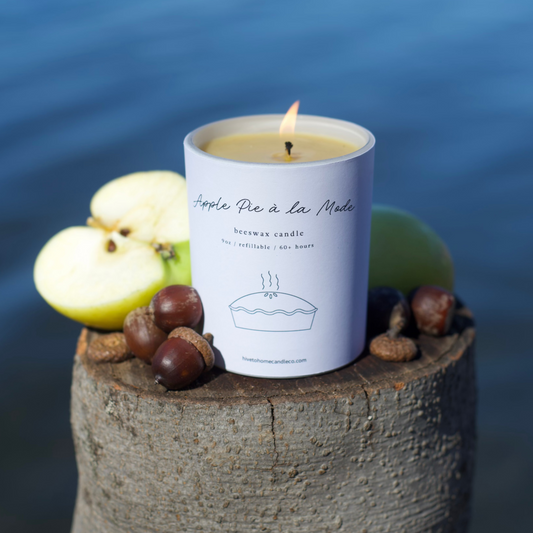 Hive To Home Candle Co presents their Apple Pie Ala Mode Scented Beeswax Candle, Burning Beeswax Candle Image