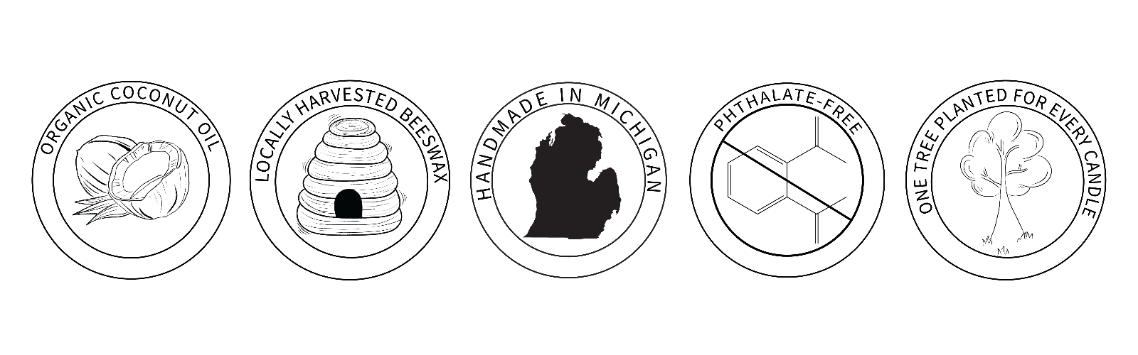 Trust Badges: Handmade in Michigan, One Tree Planted for Every Order, Organic Coconut Oil, Locally Harvested Beeswax, Phthalate-Free Fragrance Oils.