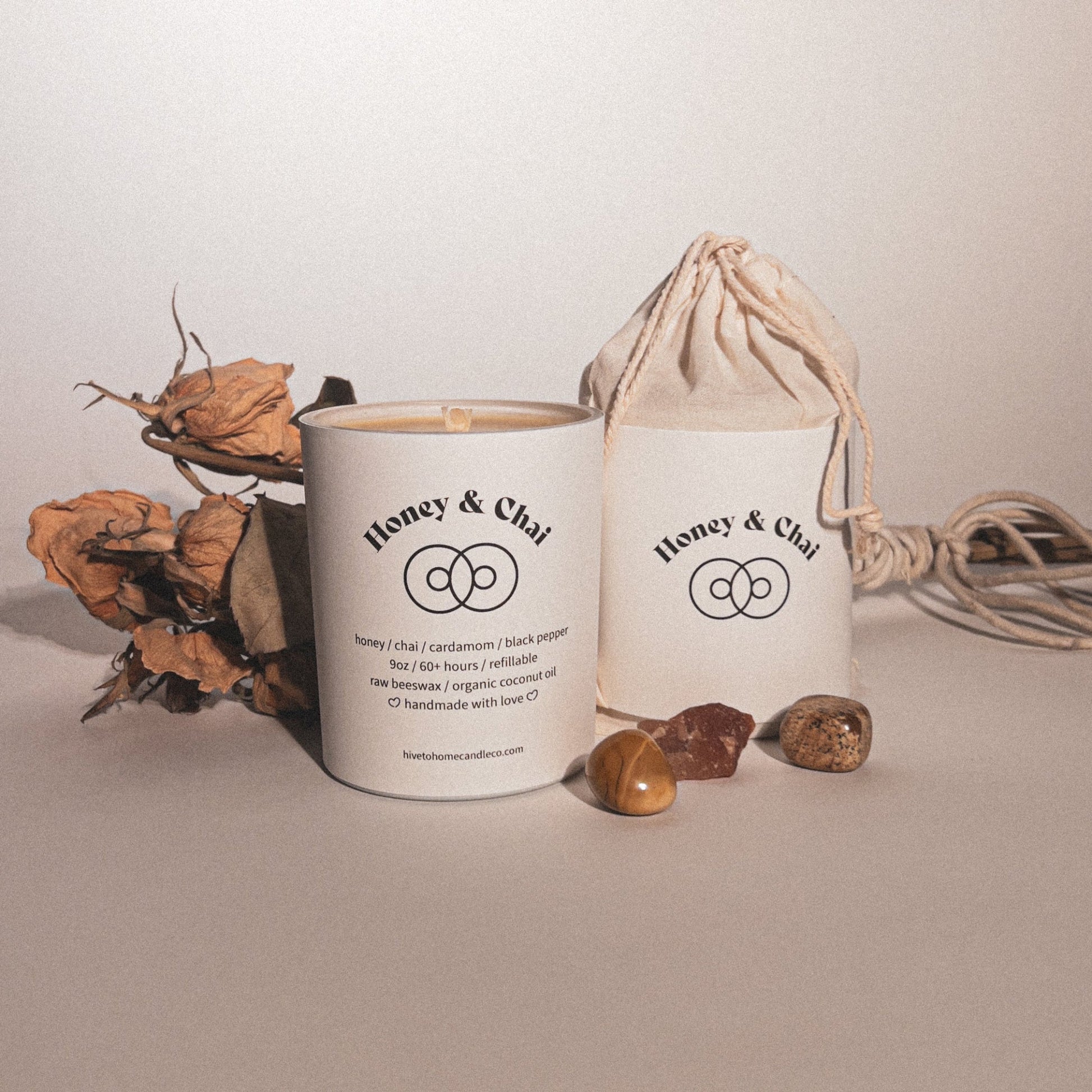 Honey & Chai beeswax candle and outer packaging together image.