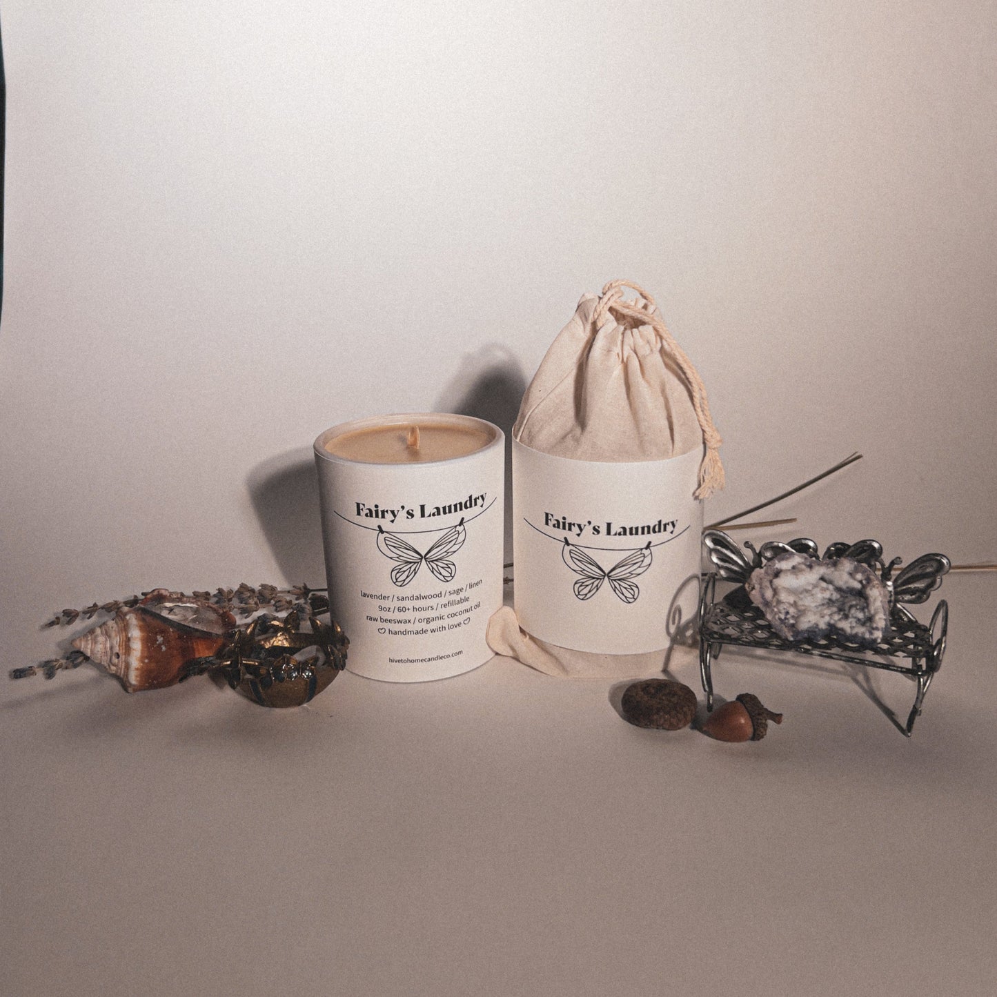 Lavender Scented Beeswax Candle with dried lavender and eco-friendly outer packaging.