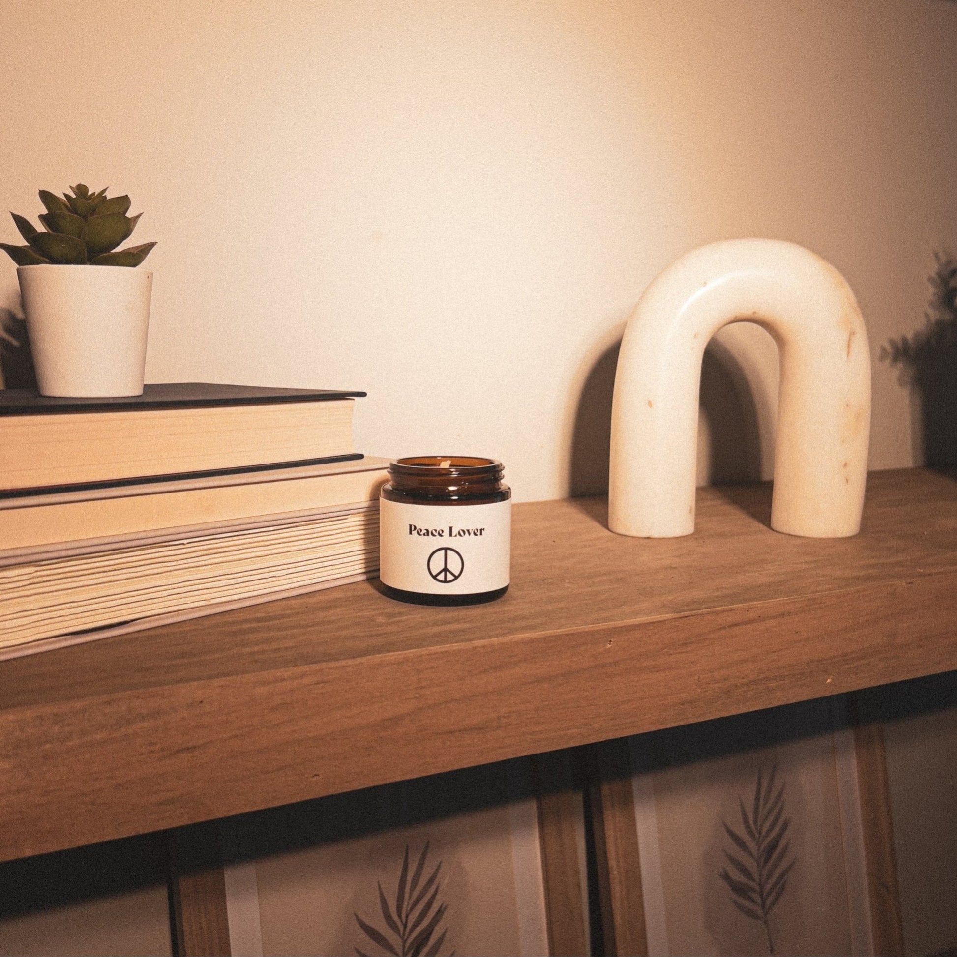 Palo Santo & Patchouli 4 oz beeswax candle, home decor books and succulent on shelf with candle and pictures.