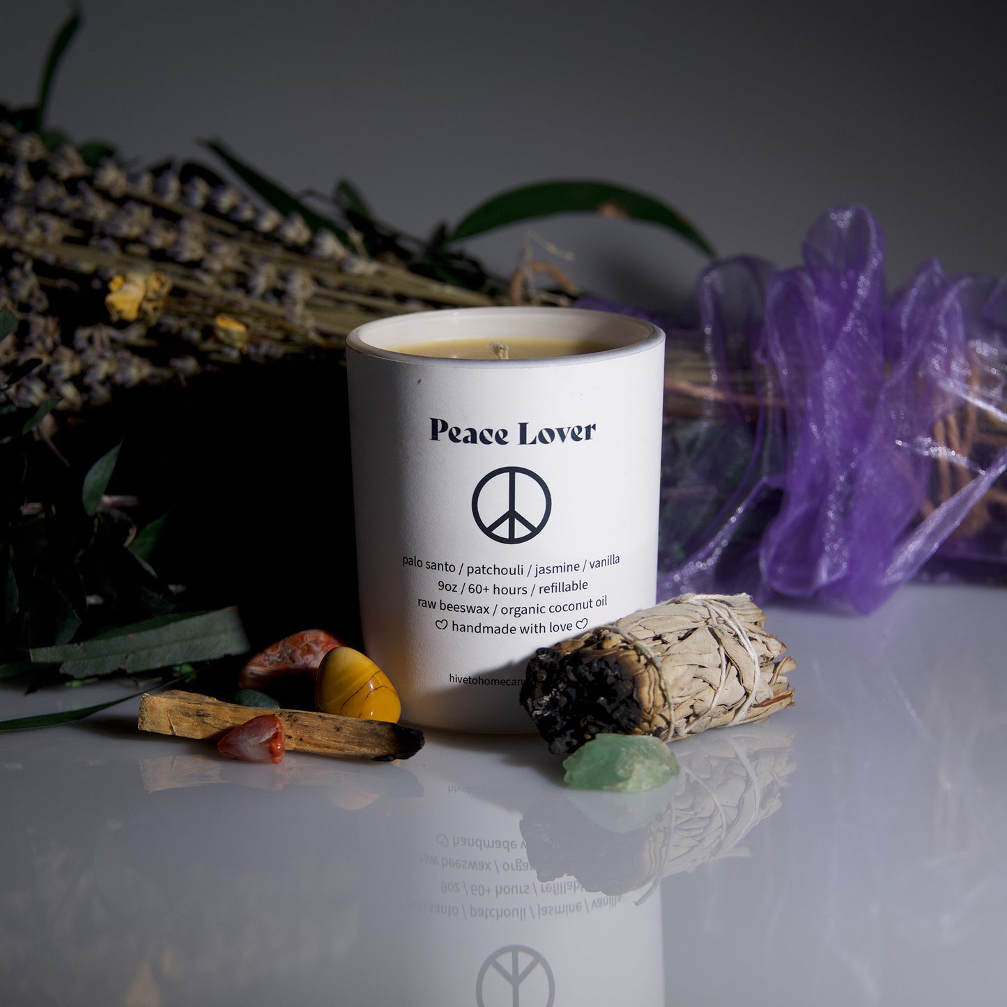 Peace Lover Scented Beeswax Candle. Patchouli Palo Santo candle with notes of Jasmine, and Vanilla