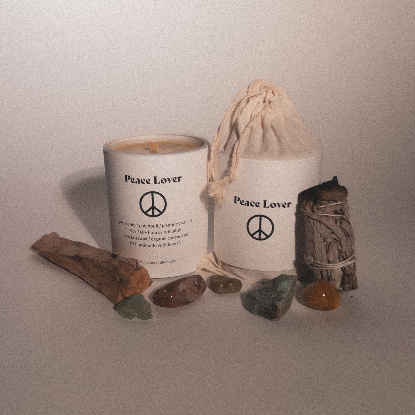 Palo Santo Scented beeswax candle with eco-friendly outer packaging.