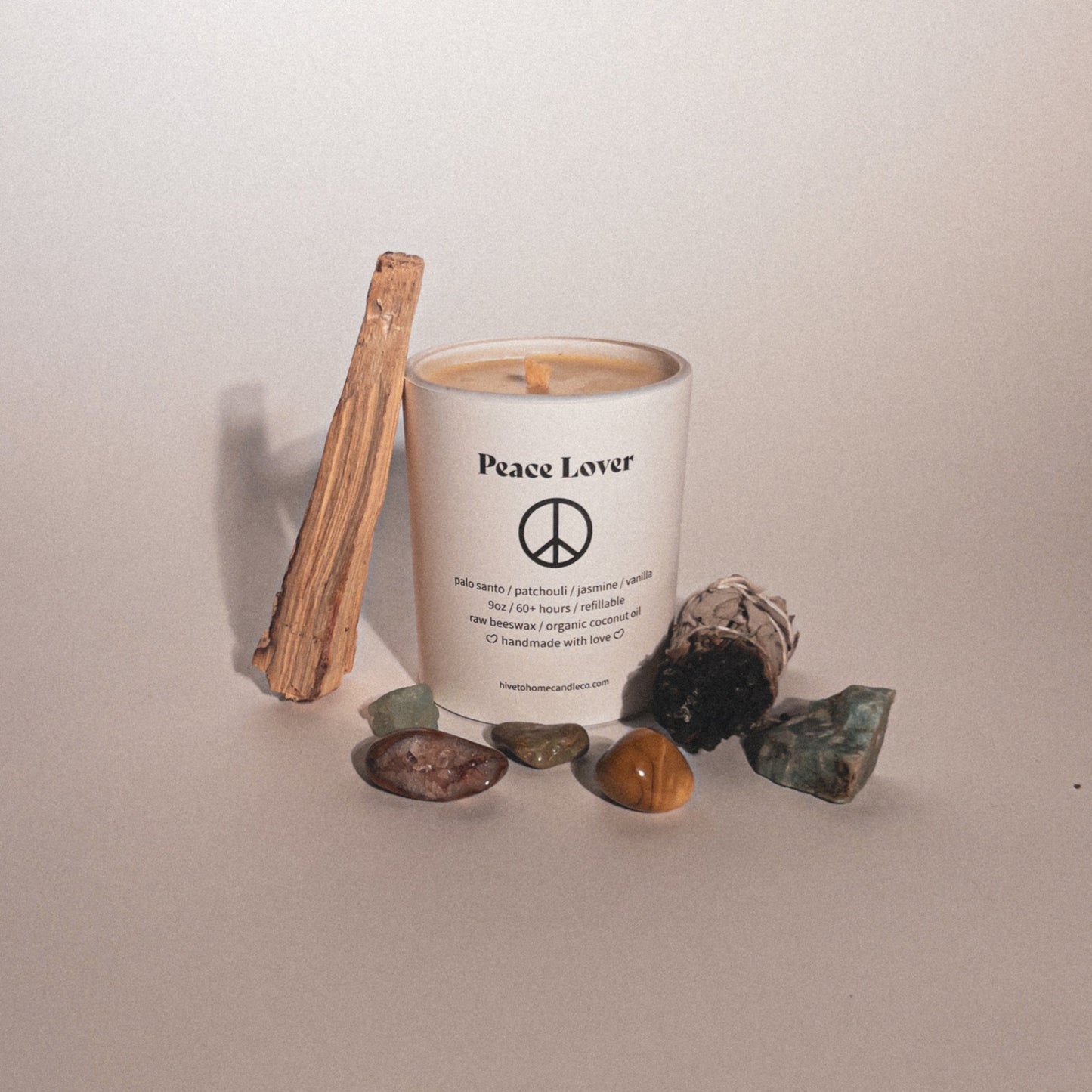 Palo Santo & Patchouli Scented Candle "Peace Lover" Professional Pictures