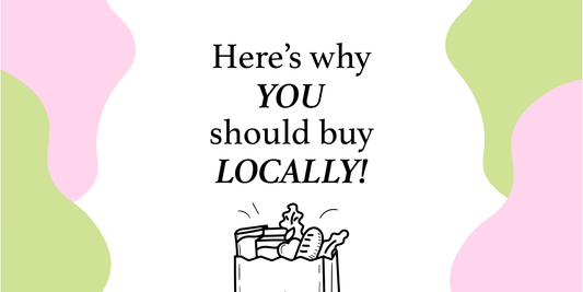 Illustrated grocery bag overflowing with produce beneath the words ‘Here’s why YOU should buy LOCALLY!’