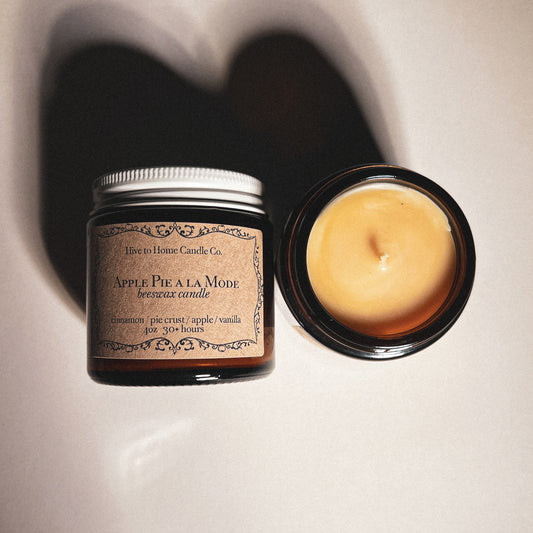 Apple Pie Fall Beeswax Candle label and beeswax top image.