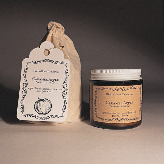 4 oz Caramel Apple Fall Candle with muslin bag outer packaging and cute bag tag.