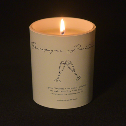 Champagne Toast Scented Candle. Scented Beeswax Burning candle image. Winter collection 2024.