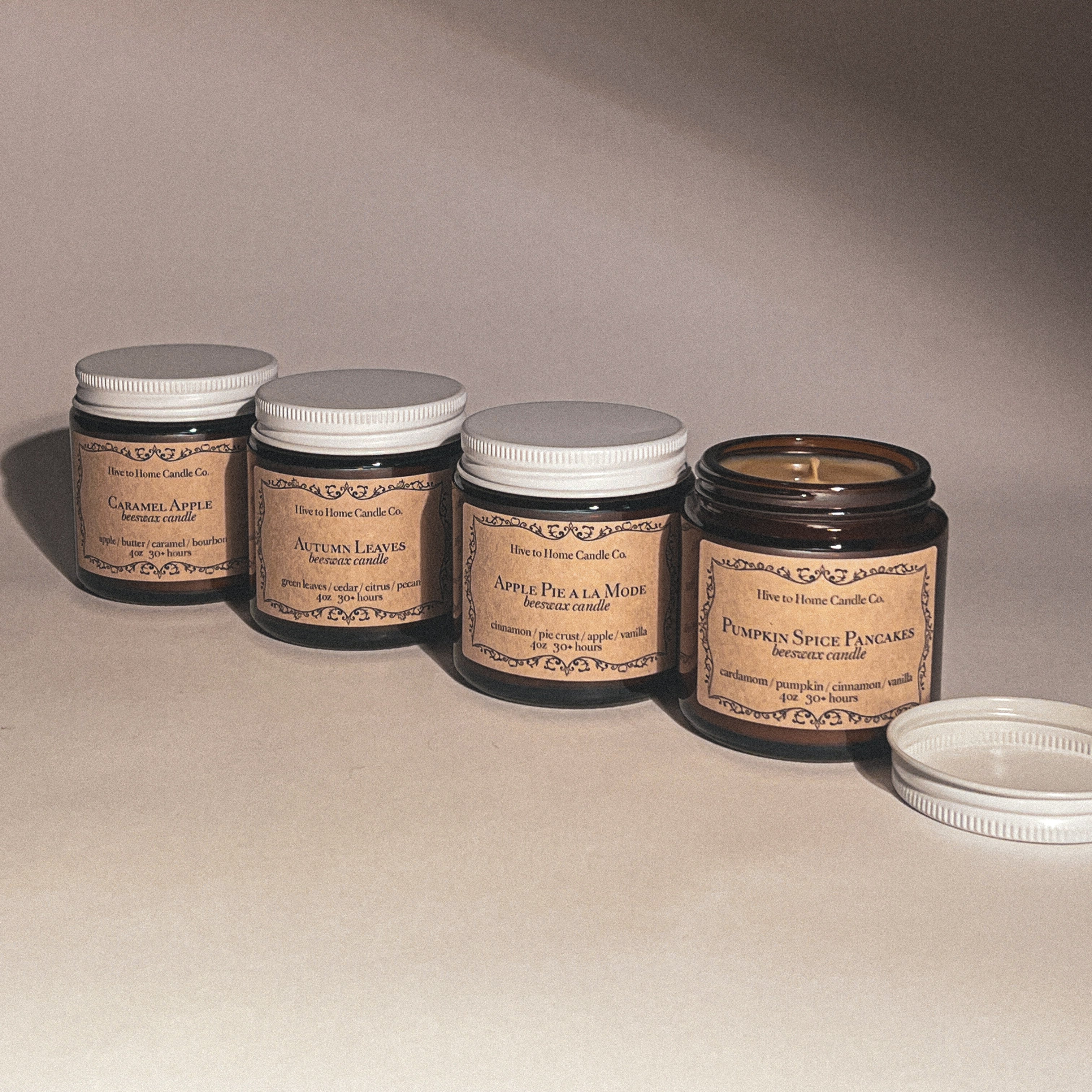 All of the 4 oz fall scented candles, pumpkin spice pancakes, apple pie a la mode, autumn leaves, caramel apple. Handmade in Michigan with raw beeswax.