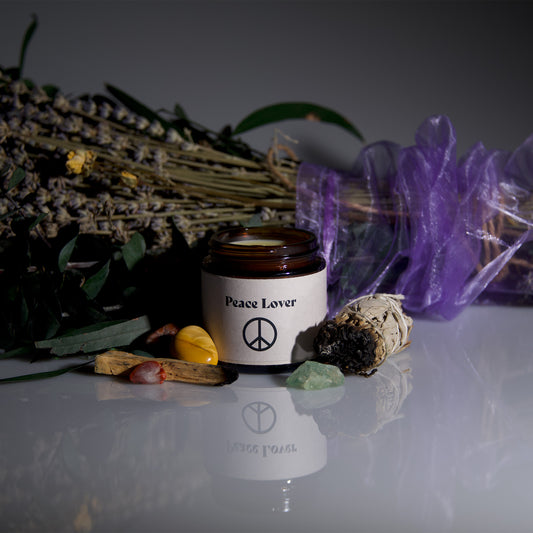 peace lover cute candle. 4 oz palo santo and patchouli scented beeswax candle.