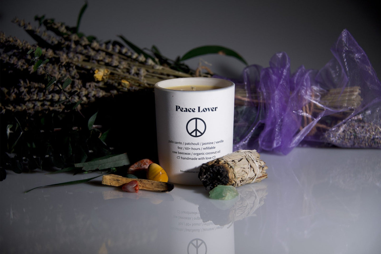 Hive To Home Candle Co's Peace lover candle, palo santo & patchouli scented candle