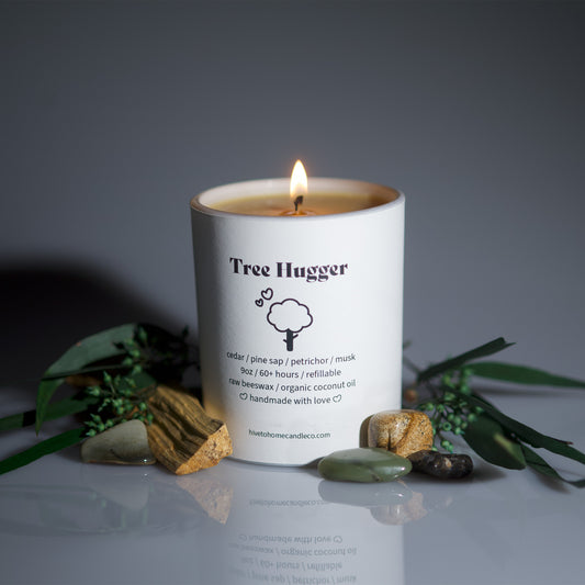 Burning beeswax candle, Tree hugger, cedar and pine scented beeswax candle.
