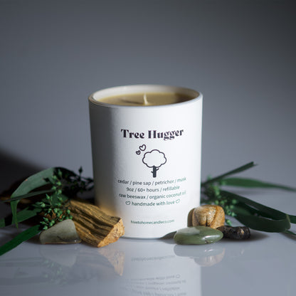 Hive To Home Candle Co's Tree Hugger is a cedar and pine scented beeswax candle.