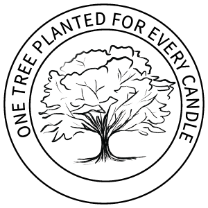 Logo with a tree illustration and text 'One tree planted for every candle' inside a circular border. Trees planted through the Arbor Day Foundation.