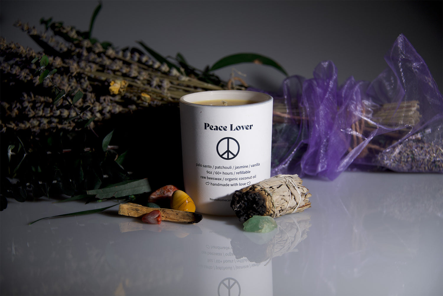  Peace Lover. Palo Santo & patchouli candle with undertones of jasmine & vanilla. Hive To Home Candle Co's Scent guide.