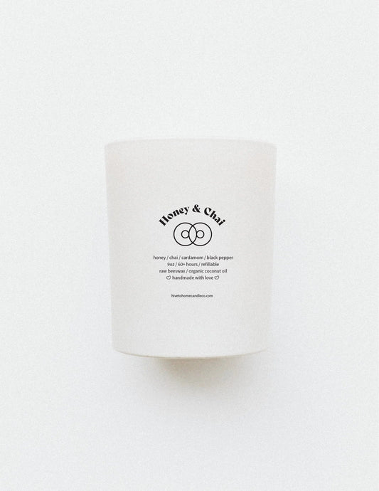 hive to home candle co's Honey & Chai candle in our signature perfect size refillable candle.