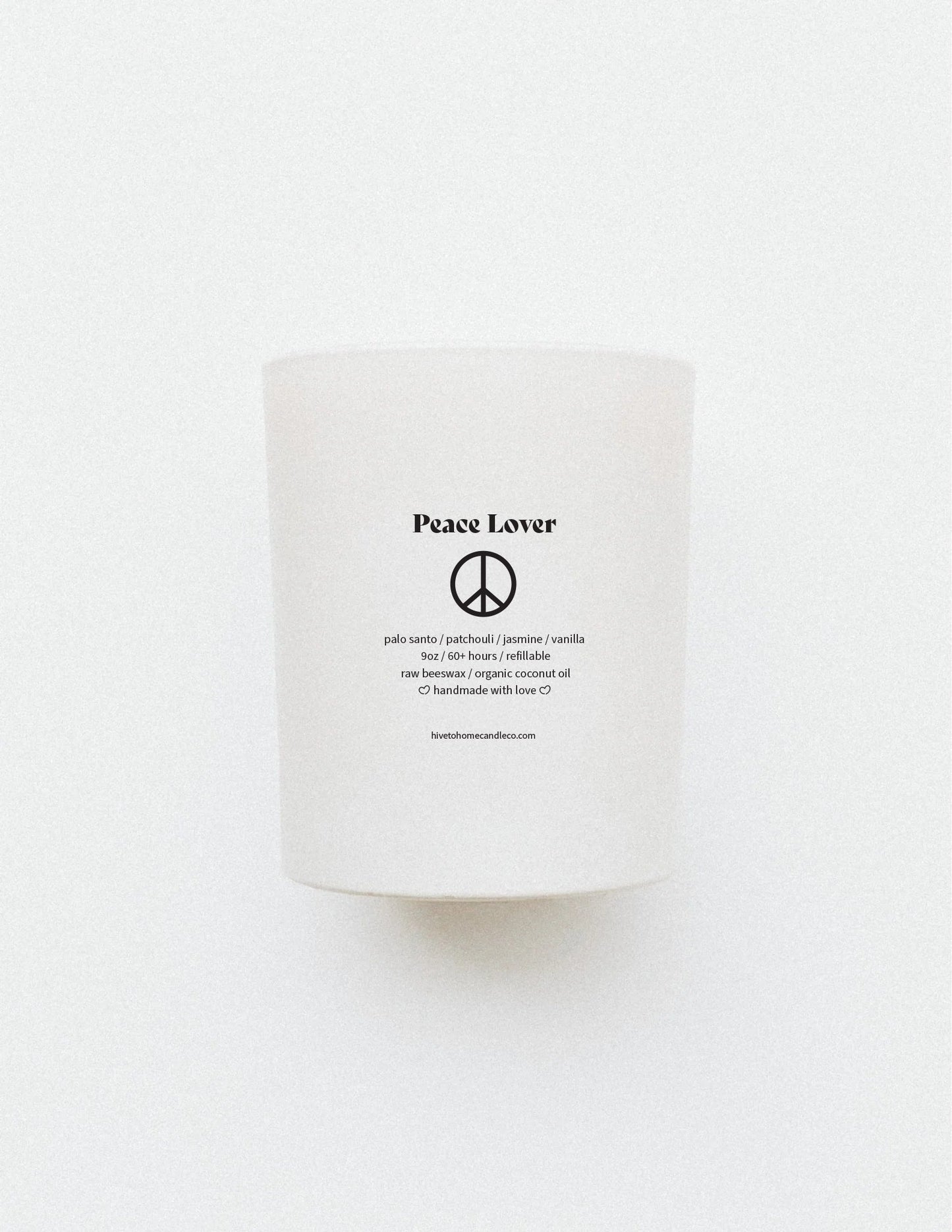 peace lover, palo santo and patchouli scented candle with hints of jasmine and vanilla. refillable beeswax candle